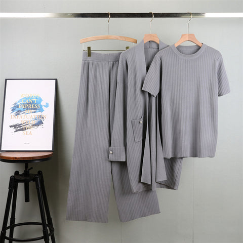 Elegant Knitted Mid-length Cardigan Coat Wide Leg Pants Three-piece Set