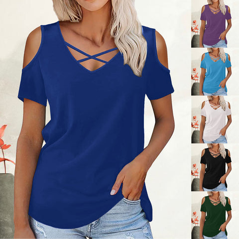 V-neck Short Sleeve Loose T-shirt Women