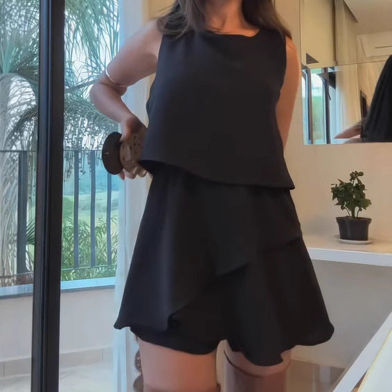 Solid Color Summer Elegance Sleeveless Top Round Neck Stitching One-piece Culotte