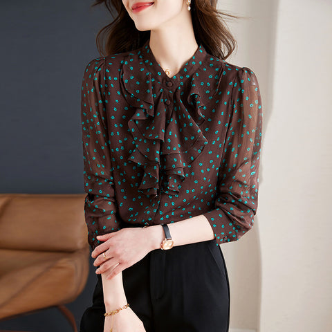 Lotus Leaf Lace Collar Long Sleeve Small Flower Chiffon Shirt