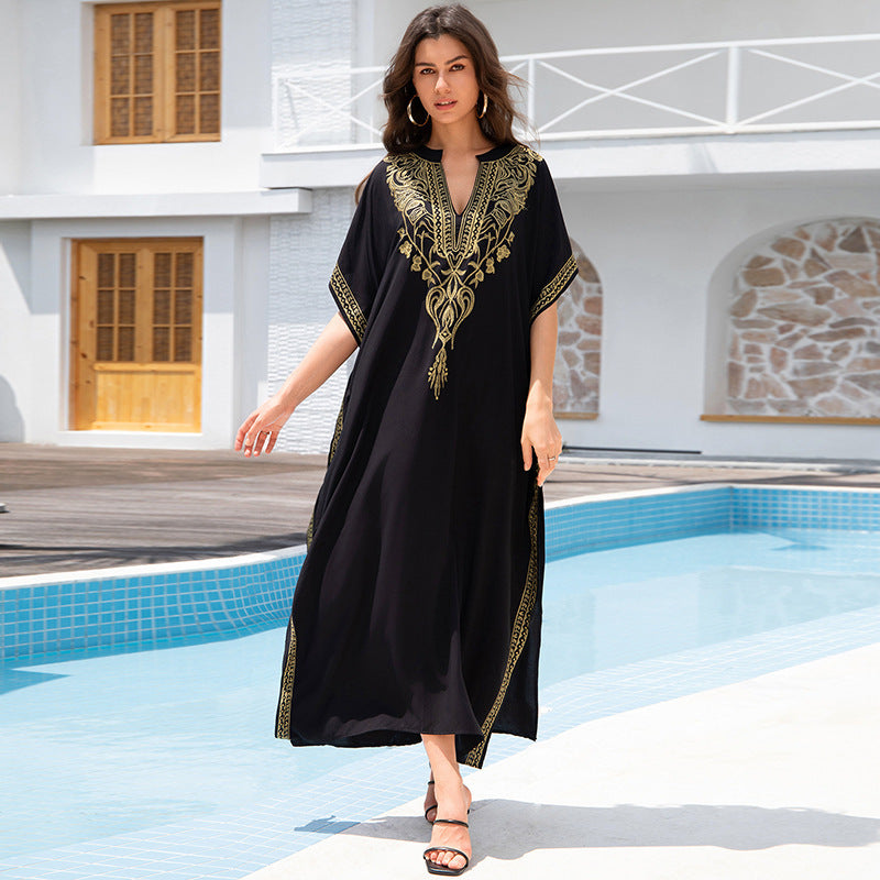 Rayon Embroidered Beach Sun Protection Clothing Dress Women