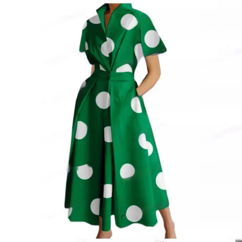 Commuting Fashion Polo Collar Shirt Elastic Waist Large Swing Dress