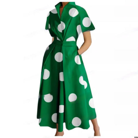 Commuting Fashion Polo Collar Shirt Elastic Waist Large Swing Dress