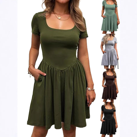 Short Sleeve Square Collar Elegant Women's Slim Fit Pure Color Slimming Dress