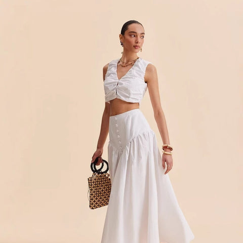 French White Stitching Clinch High Waist Dress
