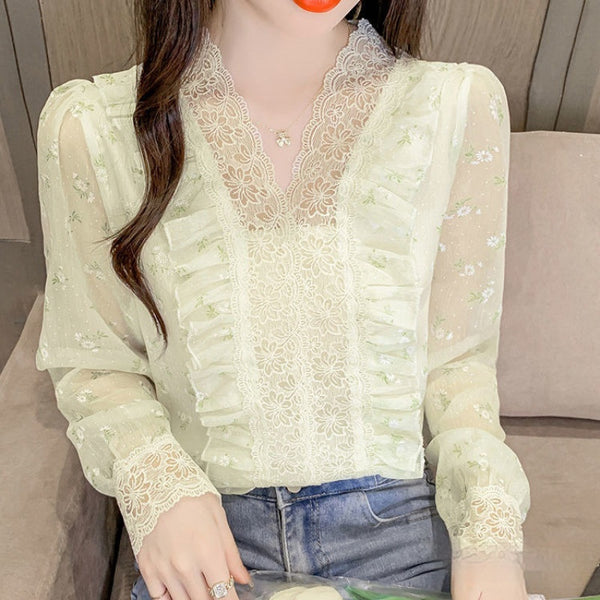 Design Sense Niche Wooden Ear Lace Collar Bubble Long Sleeve Floral Sweet Chiffon Shirt