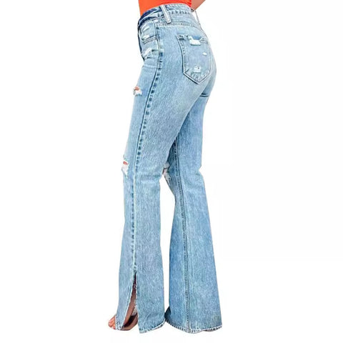 Ladies Jeans High Waist Ripped Slightly Stretch Split Trousers