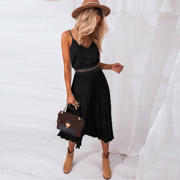 V-neck Pleated Mid Length Dress
