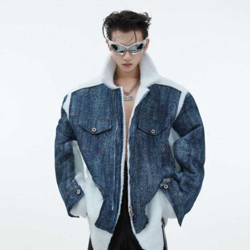 Lambswool Stitching Denim Fake Two-pieces Coats