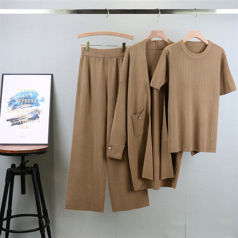 Elegant Knitted Mid-length Cardigan Coat Wide Leg Pants Three-piece Set