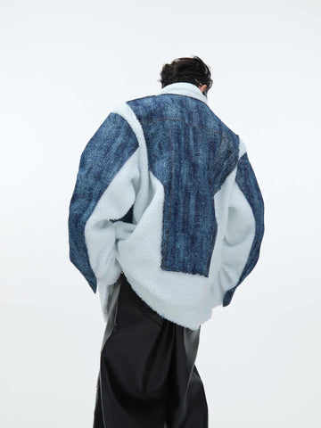Lambswool Stitching Denim Fake Two-pieces Coats