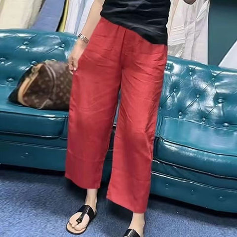 Women's Solid Color Linen Cropped Straight Casual Pants