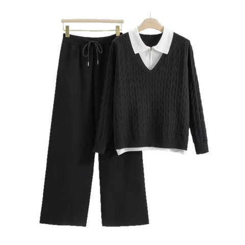 Cable-knit Sweater Polo Collar Knitwear Wide Leg Pants Two-piece Set