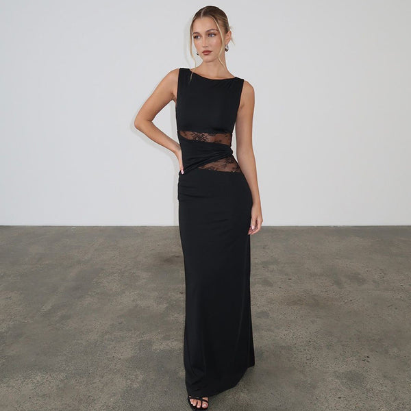 Women's Solid Color Translucent Hollow Lace Twisted Belt Dress