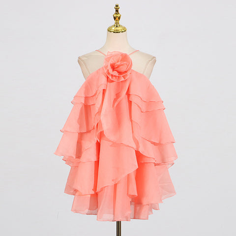 Halter Three-dimensional Flower Design Lace-up Sleeveless Dress