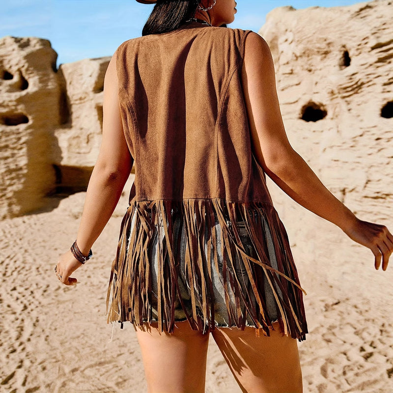 Women's Retro Tassel Sleeveless Lapel Jacket