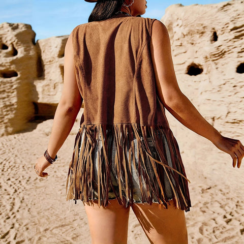 Women's Retro Tassel Sleeveless Lapel Jacket