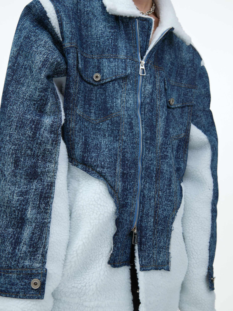 Lambswool Stitching Denim Fake Two-pieces Coats