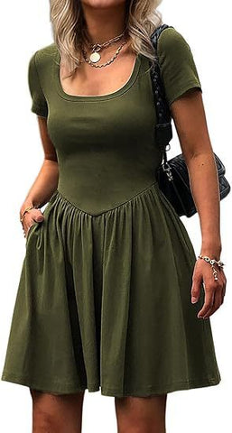 Short Sleeve Square Collar Elegant Women's Slim Fit Pure Color Slimming Dress