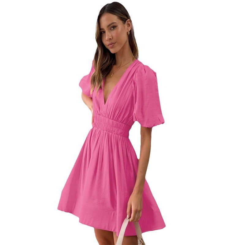 European And American Elegant Dress Sweet Waist Trimming Dress V-Neck Lantern Sleeve Dress Women's Summer Sun Dresses Evening Dress