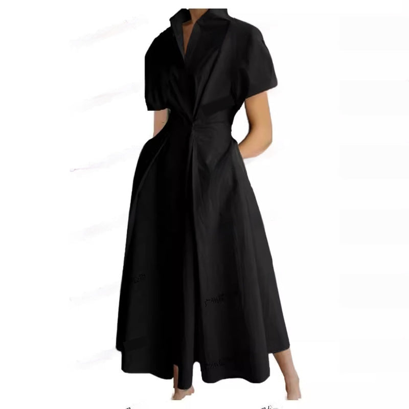 Commuting Fashion Polo Collar Shirt Elastic Waist Large Swing Dress