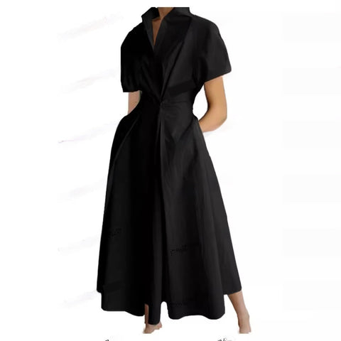 Commuting Fashion Polo Collar Shirt Elastic Waist Large Swing Dress