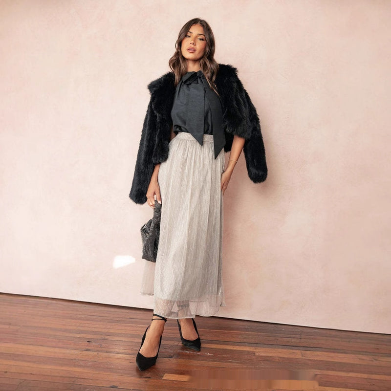 Solid Color Streamer Yarn Skirt Women's Summer High Waist Slimming A- Line Bright Silk Skirt French Style