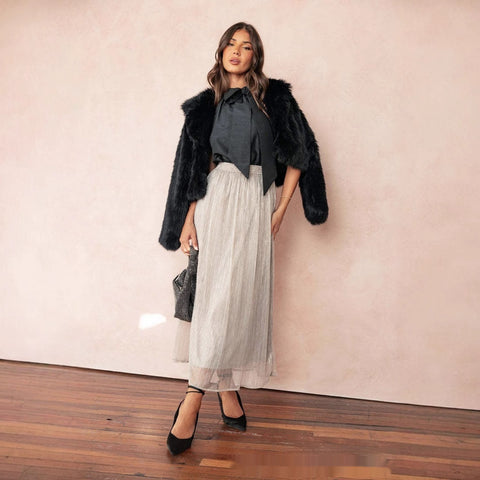 Solid Color Streamer Yarn Skirt Women's Summer High Waist Slimming A- Line Bright Silk Skirt French Style