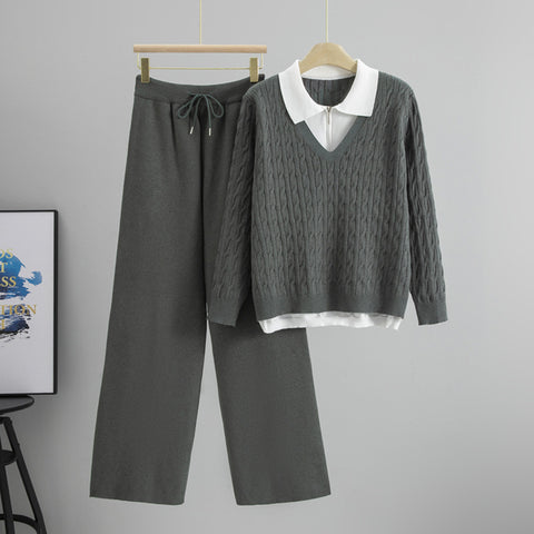 Cable-knit Sweater Polo Collar Knitwear Wide Leg Pants Two-piece Set