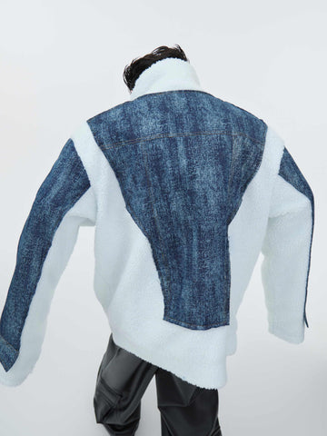 Lambswool Stitching Denim Fake Two-pieces Coats