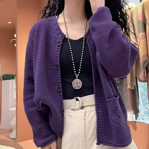 Women's Solid Color Round Neck Long Sleeve Knitted Sweater Coat