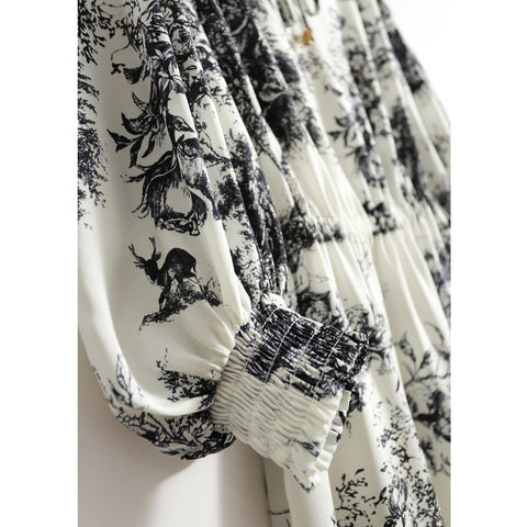 Elastic Heavy Crepe Silk Lantern Sleeve Dress