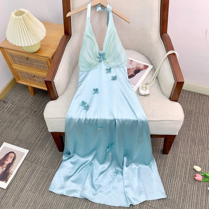 French Vacation Style Heavy Industry Halter Blue Flower Dress