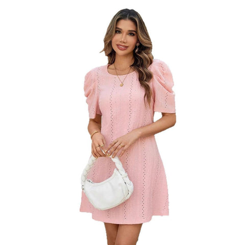 Summer Solid Color Stitching Cuff Round Neck Simple And Elegant Female Dress