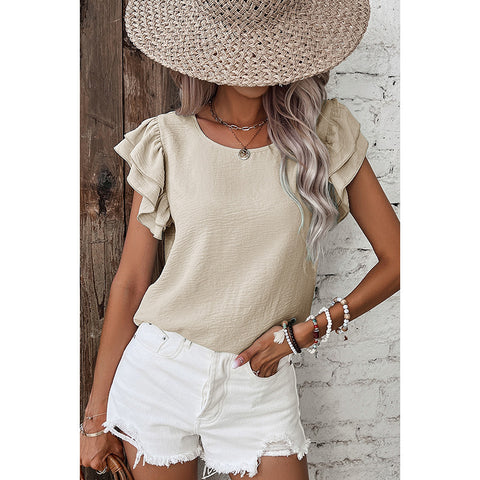Summer Solid Color Petal Sleeve Pullover Women