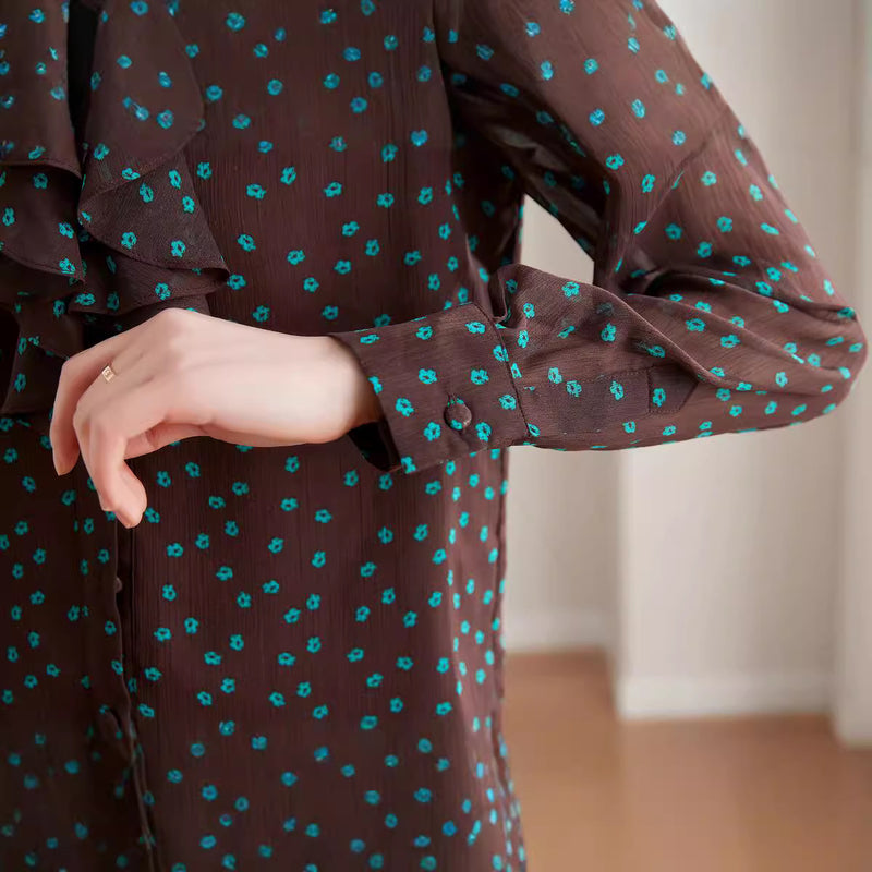 Lotus Leaf Lace Collar Long Sleeve Small Flower Chiffon Shirt