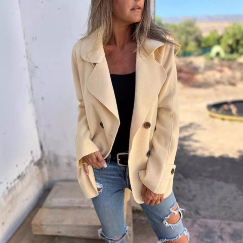 Double-faced Woolen Goods Casual Polo Collar Long Sleeve Button Coat