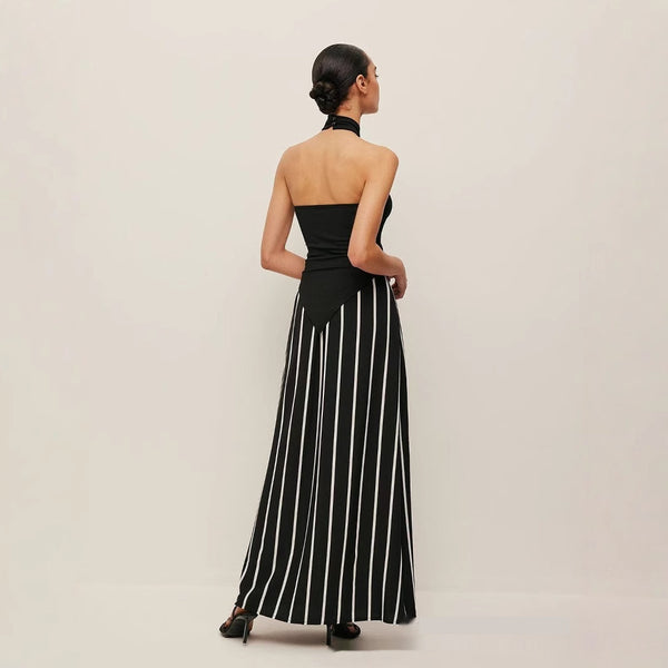 European And American Simple Halter Backless Sunken Stripe Knitted Top Striped Black And White High Waist Skirt For Women