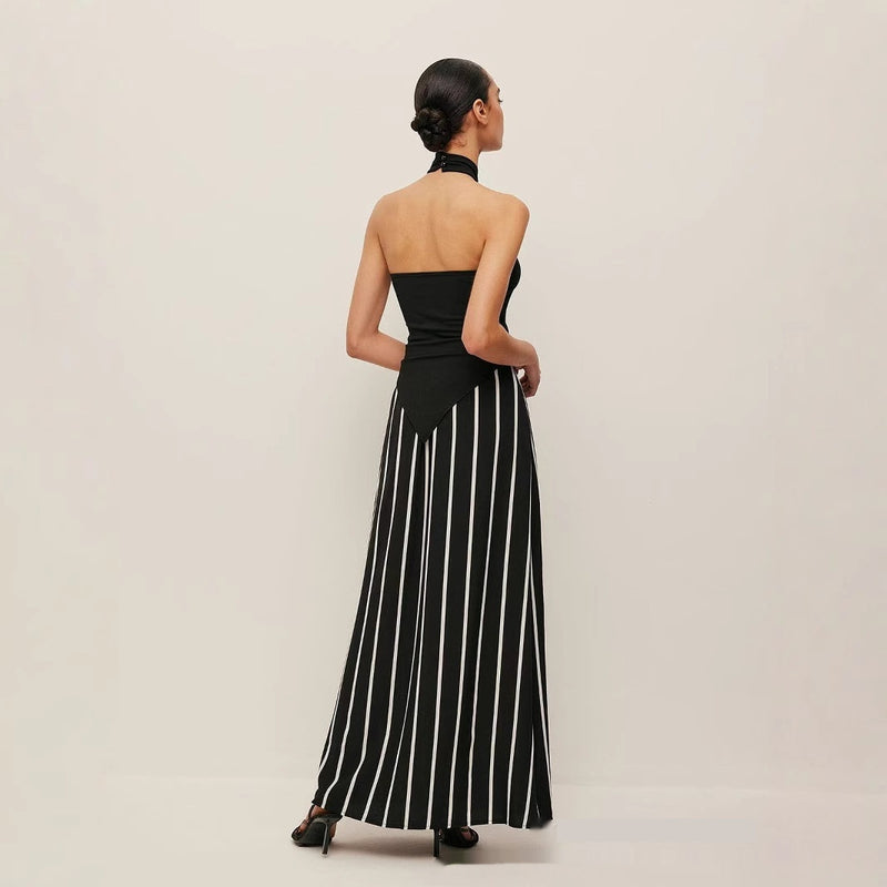 European And American Simple Halter Backless Sunken Stripe Knitted Top Striped Black And White High Waist Skirt For Women