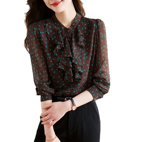 Lotus Leaf Lace Collar Long Sleeve Small Flower Chiffon Shirt
