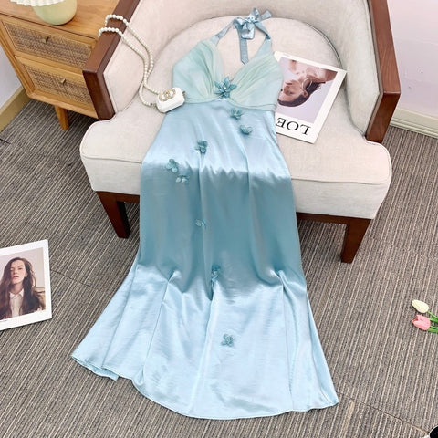 French Vacation Style Heavy Industry Halter Blue Flower Dress