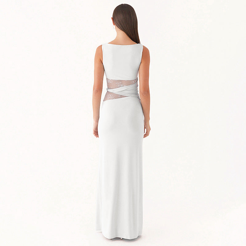 Women's Solid Color Translucent Hollow Lace Twisted Belt Dress